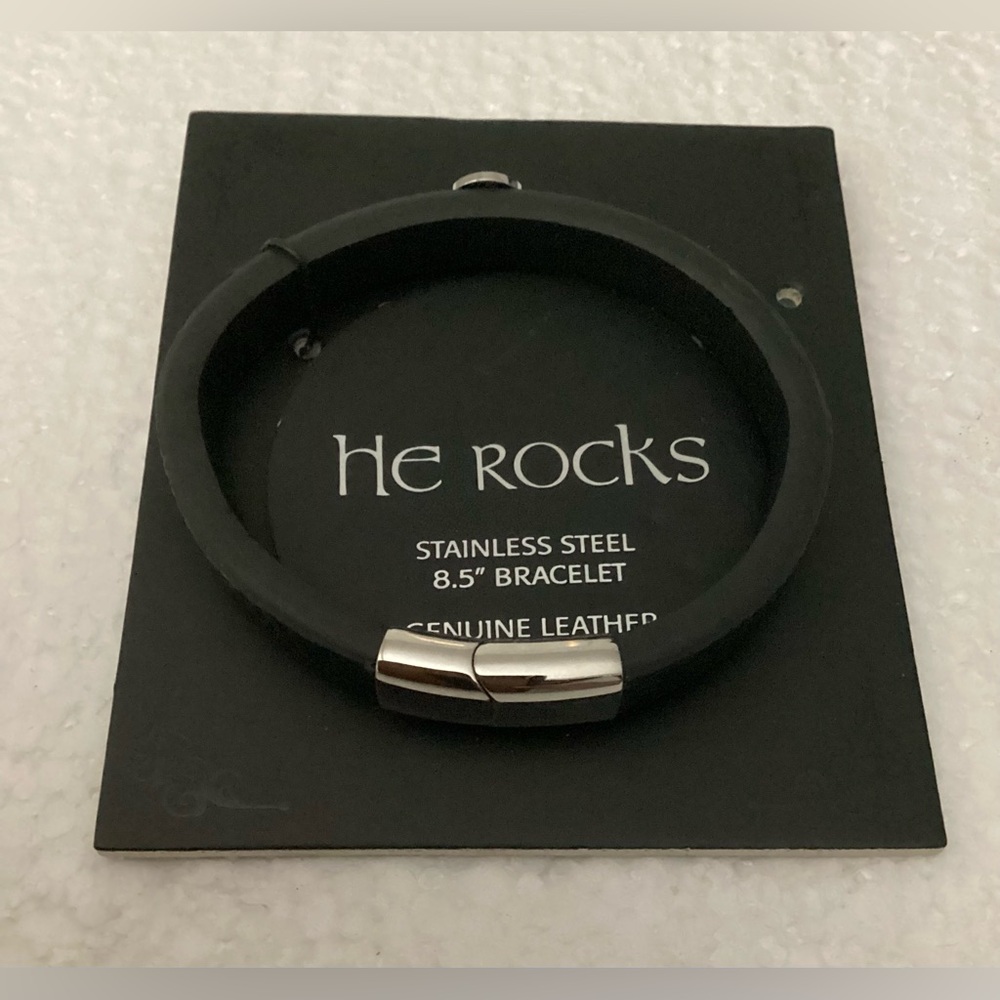 He Rocks Men's Black Genuine Leather Bracelet with Stainless Steel Clasp